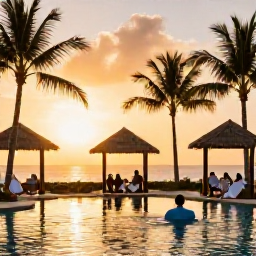 Caribbean Holidays, Bahamas Spa Breaks, A peaceful Bahamian resort at sunset with a spa, palm-lined pool, warm golden light and guests enjoying a tranquil evening