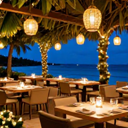 Caribbean Holidays, Bahamas Spa Breaks, A stylish beachfront restaurant in the Bahamas decorated for a relaxed Christmas evening, with lanterns, tropical foliage and ocean views