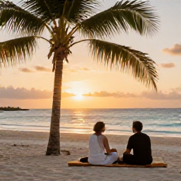 Caribbean Holidays, Bahamas Spa Breaks, A sunset view across a Bahamian beach with a couple sitting near a palm tree after a relaxing spa day