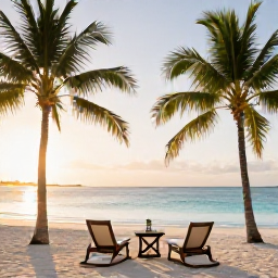 Caribbean Holidays, Bahamas Spa Breaks, A tranquil beachfront spa in The Bahamas at sunrise, with palm trees, white sand and calm turquoise water