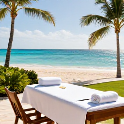 Caribbean Holidays, Bahamas Spa Breaks, A tranquil luxury spa overlooking turquoise Bahamian sea, with palm trees, white sand and a treatment room terrace in soft October sunshine