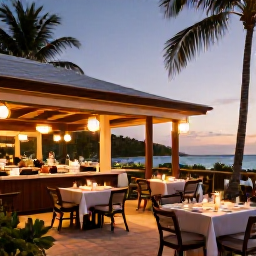 Caribbean Holidays, Bahamas Spa Breaks, An evening restaurant terrace in the Bahamas serving fresh seafood, with palm trees and warm sunset light