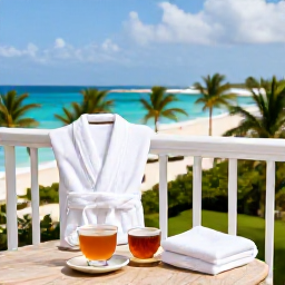 Caribbean Holidays, Bahamas Spa Breaks, Comfortable Bahamas resort balcony overlooking a tropical beach with a spa robe and herbal tea