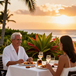 Caribbean Holidays, Bahamas Spa Breaks, Couple enjoying a healthy outdoor dinner at a Bahamas resort at sunset, with tropical plants and soft golden light
