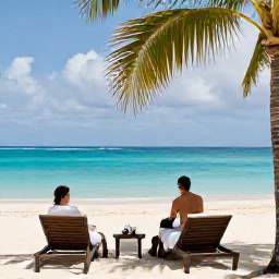 Caribbean Holidays, Bahamas Spa Breaks, Couple relaxing beside a calm turquoise beach in the Bahamas after a spa treatment, with loungers and palm trees