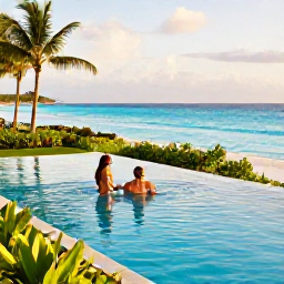 Caribbean Holidays, Bahamas Spa Breaks, Couple relaxing beside an infinity pool at a Bahamian spa resort, tropical greenery, turquoise ocean and golden late-afternoon light