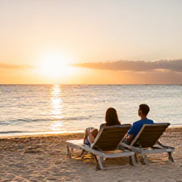 Caribbean Holidays, Bahamas Spa Breaks, Couple relaxing on a quiet Bahamian beach at sunset, with two loungers, calm sea and warm golden light