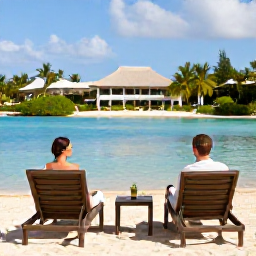 Caribbean Holidays, Bahamas Spa Breaks, Couple relaxing on comfortable loungers beside a calm turquoise lagoon in The Bahamas, with tropical gardens and a luxury resort in the background