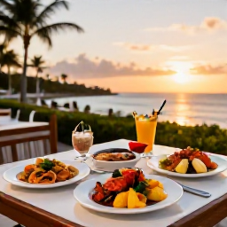 Caribbean Holidays, Bahamas Spa Breaks, Elegant Bahamas resort restaurant at sunset, serving fresh seafood and tropical dishes on an outdoor terrace
