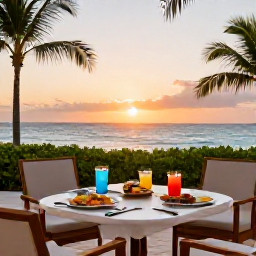 Caribbean Holidays, Bahamas Spa Breaks, Elegant Bahamas resort terrace at sunset with healthy dinner, tropical drinks and ocean views