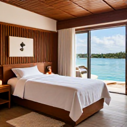 Caribbean Holidays, Bahamas Spa Breaks, Elegant Bahamian resort spa with a massage room, natural wood, white linens, candles and views across a calm blue lagoon