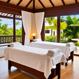 Caribbean Holidays, Bahamas Spa Breaks, Elegant Bahamian resort spa with treatment rooms, natural wood, white towels and views towards a tropical garden
