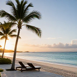 Caribbean Holidays, Bahamas Spa Breaks, Elegant beachfront spa in the Bahamas at sunrise, palm trees, calm turquoise sea and a relaxed September atmosphere