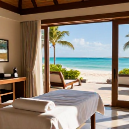 Caribbean Holidays, Bahamas Spa Breaks, Luxury spa treatment room overlooking a tropical Bahamian beach, with natural wood, soft towels and gentle sunlight