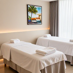 Caribbean Holidays, Bahamas Spa Breaks, Modern Caribbean spa interior with treatment beds, soft natural light, white towels and subtle tropical decoration