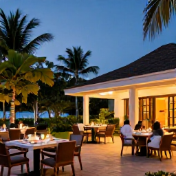 Caribbean Holidays, Bahamas Spa Breaks, Outdoor dining terrace at a Bahamian resort in the evening, tropical greenery, warm lights and relaxed diners
