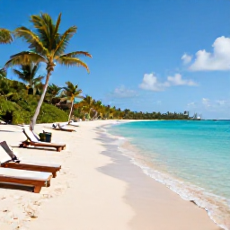 Caribbean Holidays, Bahamas Spa Breaks, Quiet Bahamian beach in October with clear turquoise water, sun loungers, palm trees and a small island boat in the distance