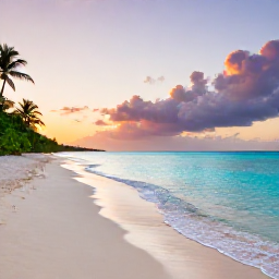 Caribbean Holidays, Bahamas Spa Breaks, Quiet white-sand beach beside clear turquoise water in The Bahamas at sunset