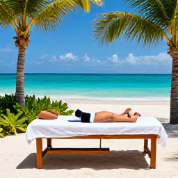 Caribbean Holidays, Bahamas Spa Breaks, Relaxing beachfront spa treatment at a luxury resort in the Bahamas, with turquoise sea and palm trees in the background