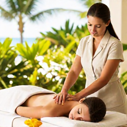Caribbean Holidays, Bahamas Spa Breaks, Traveller receiving a soothing massage beside a bright tropical garden in The Bahamas, with natural textures and soft daylight