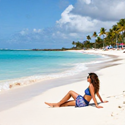 Caribbean Holidays, Bahamas Spa Breaks, Traveller relaxing on a white sandy Bahamian beach in May, with turquoise water, gentle waves and palm trees