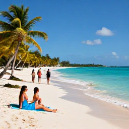 Caribbean Holidays, Bahamas Spa Breaks, Visitors relaxing beside a turquoise lagoon in the Bahamas, with palm trees, bright sand and gentle waves