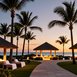 Caribbean Holidays, Bahamas Spa Breaks, Welcoming Bahamian spa resort at sunset, palm-lined path, glowing treatment pavilion and calm ocean beyond