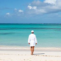 Caribbean Holidays, Bahamas Spa Breaks, White sand beach and calm turquoise sea in Nassau or Paradise Island, with a spa guest walking towards the water
