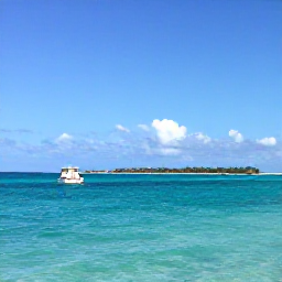 Caribbean Holidays, Bahamas Tours, A bright turquoise Bahamian sea with a small boat heading towards tropical islands under a clear blue sky