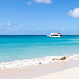 Caribbean Holidays, Bahamas Tours, A bright turquoise sea, white sandy beach and a small excursion boat near Nassau in The Bahamas during warm June weather