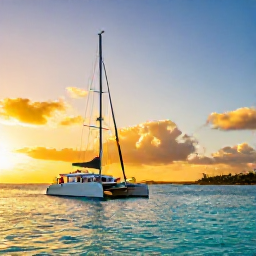 Caribbean Holidays, Bahamas Tours, A couple enjoying a sunset cruise on a catamaran near Nassau, with calm turquoise water and a golden sky