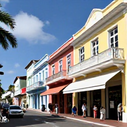 Caribbean Holidays, Bahamas Tours, A guided walking tour through colourful historic streets in Nassau, with colonial buildings, palm trees and visitors exploring local shops