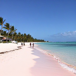 Caribbean Holidays, Bahamas Tours, A peaceful pink-sand beach on Harbour Island with palm trees, clear shallow water and a couple walking along the shoreline