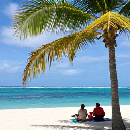 Caribbean Holidays, Bahamas Tours, A quiet tropical beach on a Bahamian island with palm trees, clear blue water and a relaxed picnic setting in June
