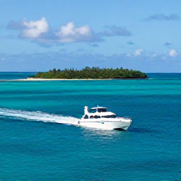 Caribbean Holidays, Bahamas Tours, A sleek boat cruising across clear turquoise Bahamian water towards a green island, bright Caribbean sunshine