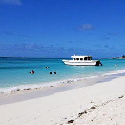 Caribbean Holidays, Bahamas Tours, A small excursion boat beside a deserted white-sand beach and shallow turquoise lagoon in the Exumas, with a few visitors swimming