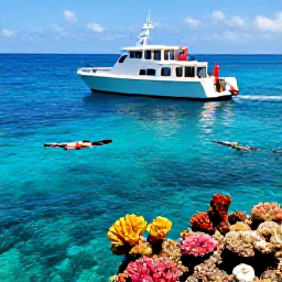 Caribbean Holidays, Bahamas Tours, A small excursion boat over clear turquoise water near colourful coral reefs, with snorkellers visible below the surface