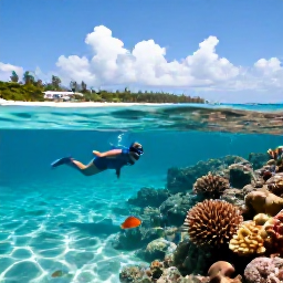 Caribbean Holidays, Bahamas Tours, A snorkeller viewing colourful coral and tropical fish in clear shallow water beside a sunny Bahamian island