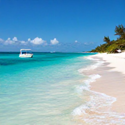 Caribbean Holidays, Bahamas Tours, Bright turquoise water, white sand beach and a small boat near Nassau in The Bahamas during a sunny August morning