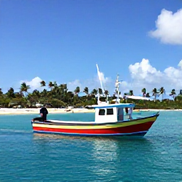 Caribbean Holidays, Bahamas Tours December, Colourful Bahamian fishing boat cruising across bright blue water near Nassau, with palm trees and a sunny coastline