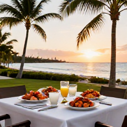 Caribbean Holidays, Bahamas Tours December, Relaxed outdoor table serving fresh Bahamian seafood beside a palm-fringed beach at sunset