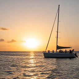 Caribbean Holidays, Bahamas Tours, Golden sunset over the Bahamian ocean viewed from a comfortable sailing boat with passengers on deck