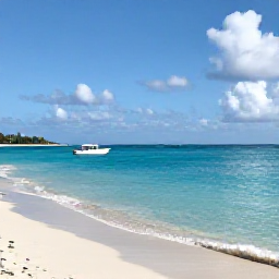 Caribbean Holidays, Bahamas Tours May, Bright turquoise sea, white sandy beach and a small boat near Nassau in The Bahamas on a warm May morning