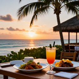 Caribbean Holidays, Bahamas Tours May, Relaxed beachfront restaurant at sunset with Bahamian dishes, colourful drinks and palms overlooking the sea