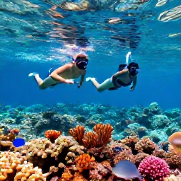 Caribbean Holidays, Bahamas Tours May, Travellers snorkelling above a colourful coral reef with tropical fish in clear Bahamian water
