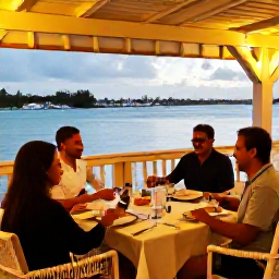 Caribbean Holidays, Bahamas Tours November, Friendly travellers enjoying a relaxed evening meal at a waterfront restaurant in Nassau, Bahamas
