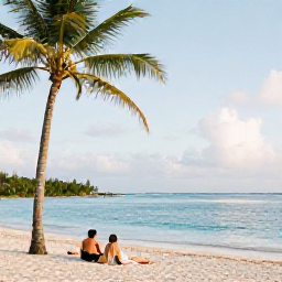 Caribbean Holidays, Bahamas Tours October, Couple relaxing on a quiet Bahamian beach with palm trees and calm turquoise water during a warm October afternoon