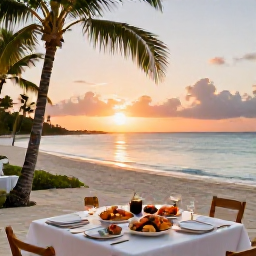 Caribbean Holidays, Bahamas Tours October, Relaxed outdoor dining beside a Caribbean beach in the Bahamas at sunset, with fresh seafood and palm trees