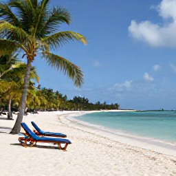 Caribbean Holidays, Bahamas Tours, Peaceful tropical beach in The Bahamas with palm trees, loungers and calm clear water in August