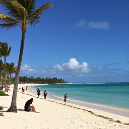 Caribbean Holidays, Bahamas Tours, Relaxed white sand beach on Cable Beach in The Bahamas with palm trees, clear water and travellers enjoying a sunny March afternoon